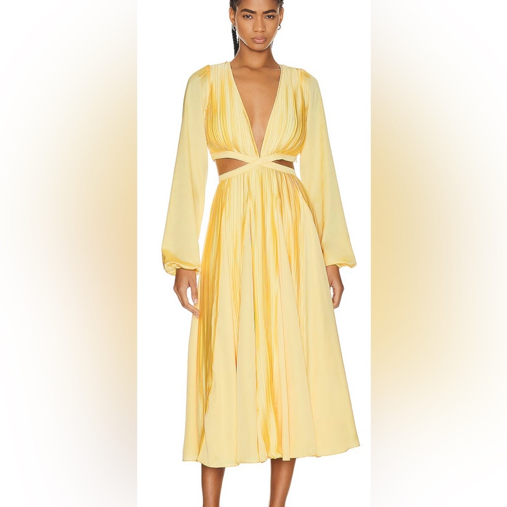 ROCOCO SAND YELLOW GOWN. Midi dress pleated open back side cut outs
